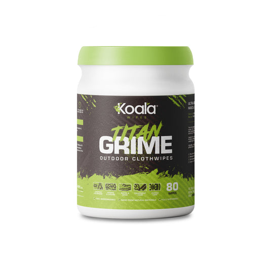 Koala Wipes Titan Grime Antibacterial Biodegradable Outdoor Cloth Wipes tub with green lid, 80 sheets for tough grime cleaning