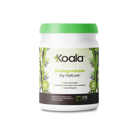 Biodegradable antibacterial multipurpose wipes tub with green lid, 175 sheets.