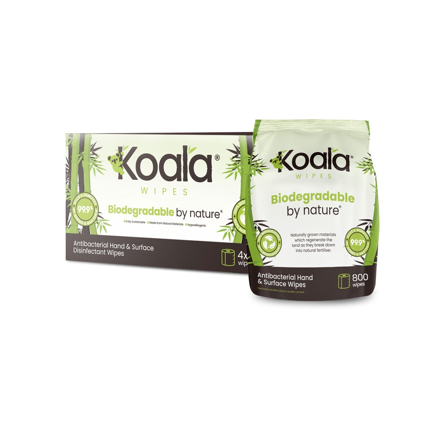 Antibacterial wet wipes refill pack with biodegradable packaging for hand and surface use, 3x800 sheets.
