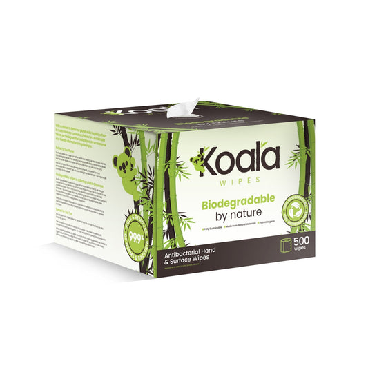 Koala sustainable wet wipes dispenser in biodegradable box with 500 wipes.