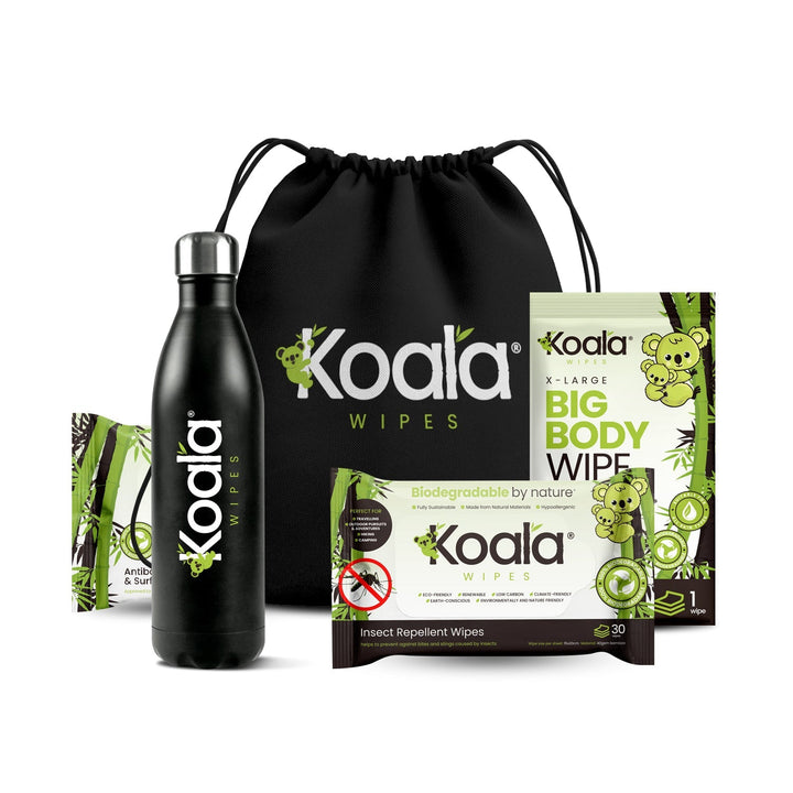 Koala Wipes Festival Bundle Pack with reusable drawstring bag, stainless steel insulated tumbler, big body wipes, insect repellent wipes, and antibacterial hand wipes.