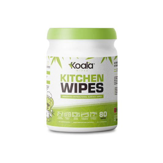 Koala Wipes antibacterial biodegradable kitchen wipes in plastic-free bamboo container with 80 fragrance-free wipes for eco-friendly cleaning