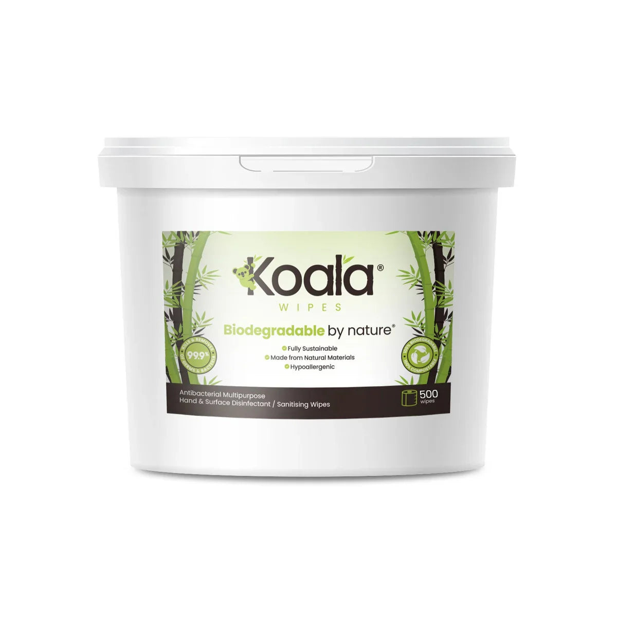 Koala Wipes antibacterial wet wipes bucket with 500 biodegradable multipurpose disinfectant wipes for hands and surfaces