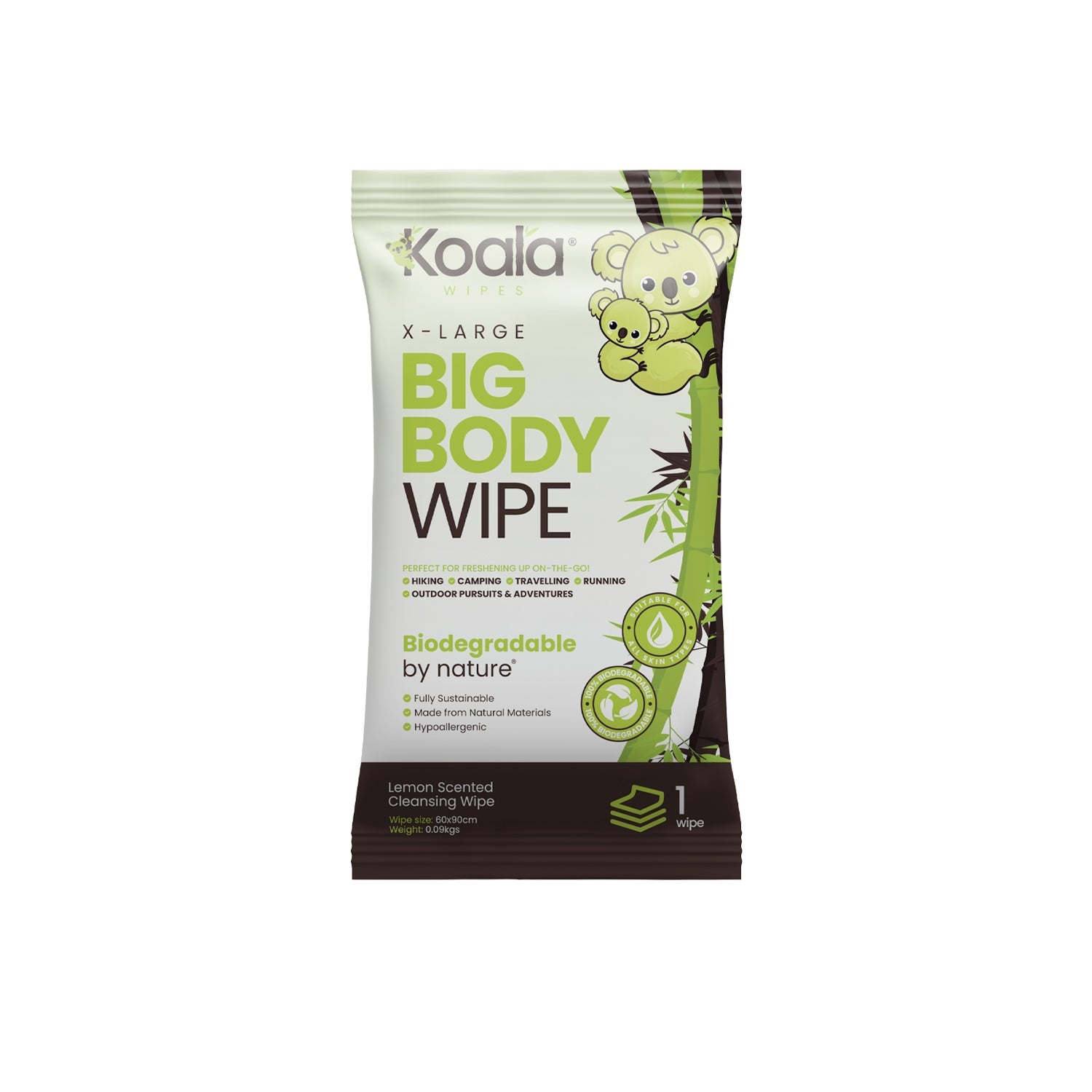 Koala biodegradable X-large big body wipe made from compostable bamboo fibers for outdoor use